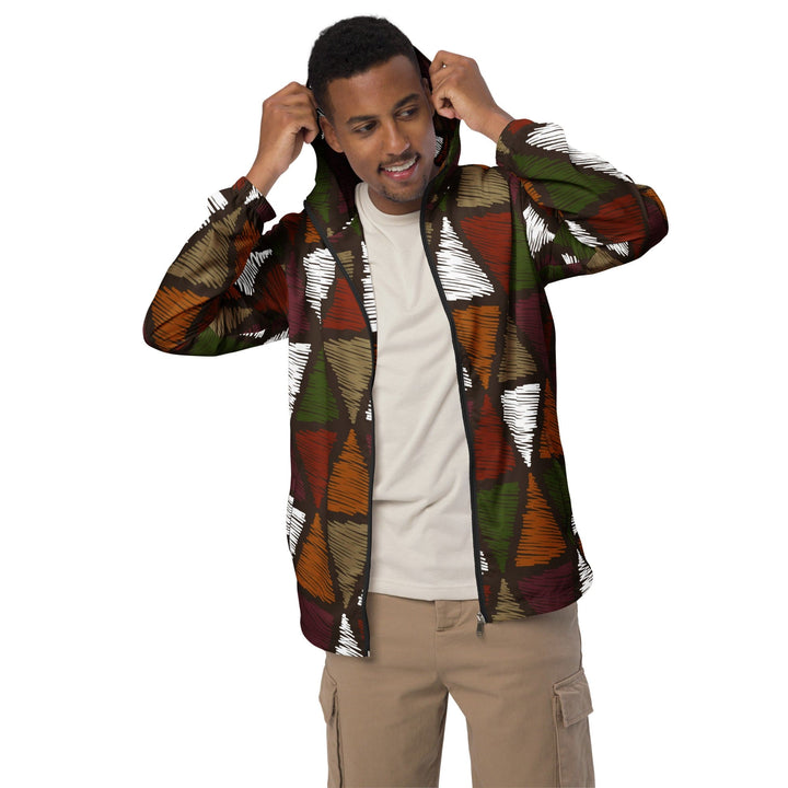 Mens Hooded Windbreaker Jacket - Red Green Geometric Lines