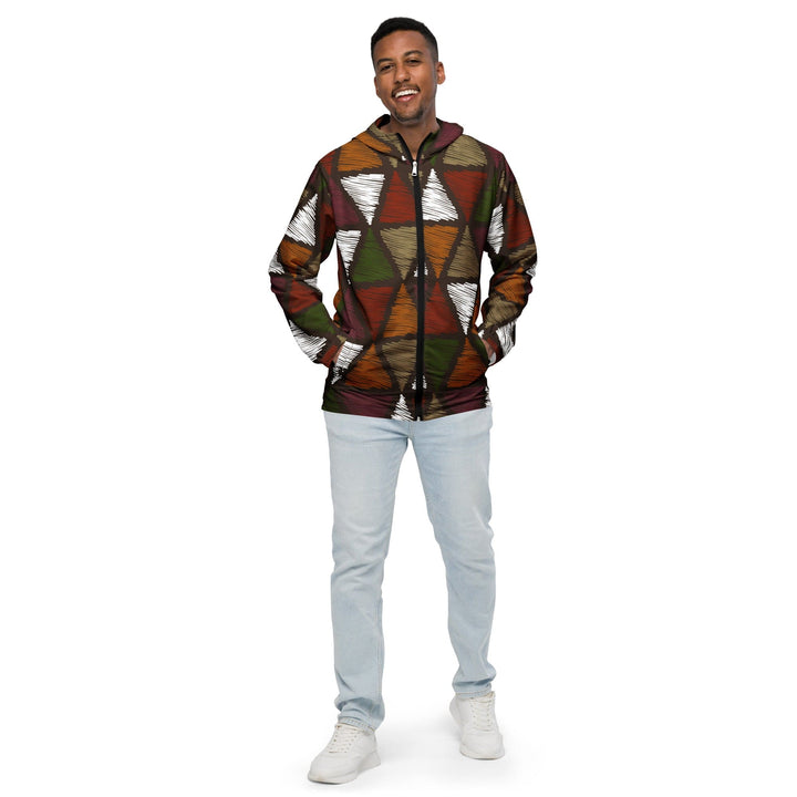 Mens Hooded Windbreaker Jacket - Red Green Geometric Lines