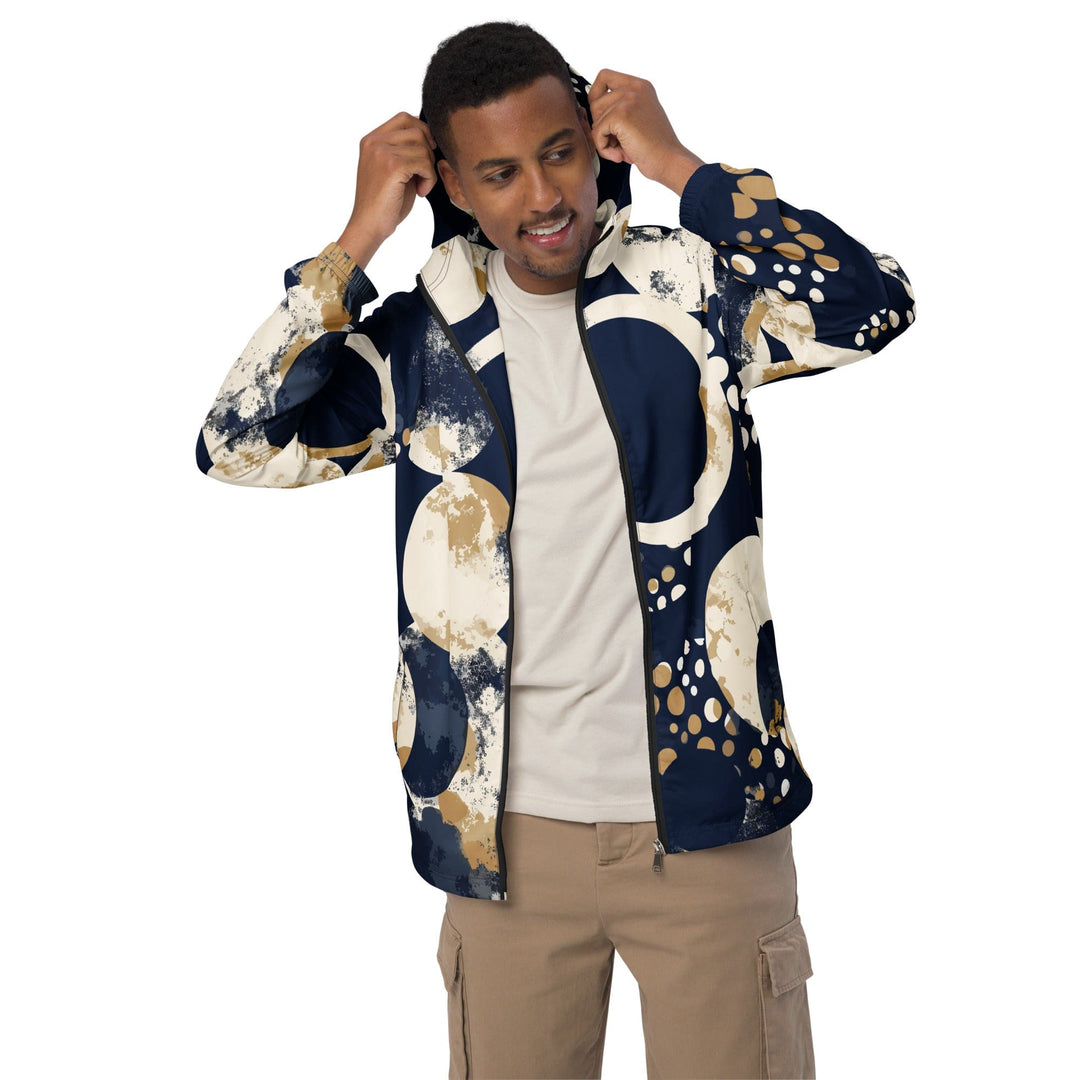 Mens Hooded Windbreaker Jacket - Blue Beige Spotted Print
