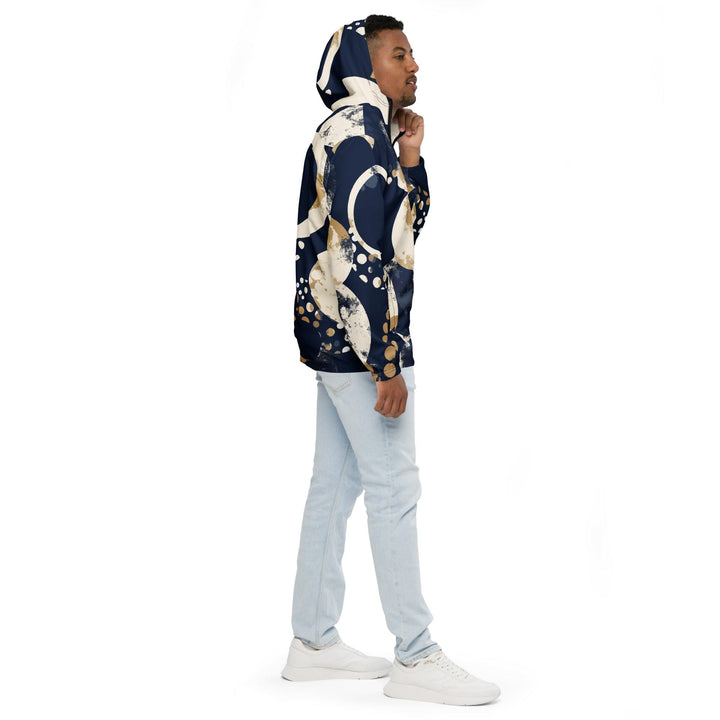 Mens Hooded Windbreaker Jacket - Blue Beige Spotted Print