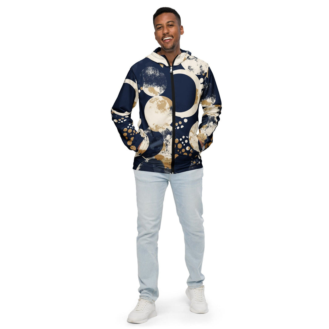 Mens Hooded Windbreaker Jacket - Blue Beige Spotted Print