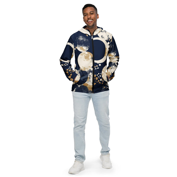 Mens Hooded Windbreaker Jacket - Blue Beige Spotted Print