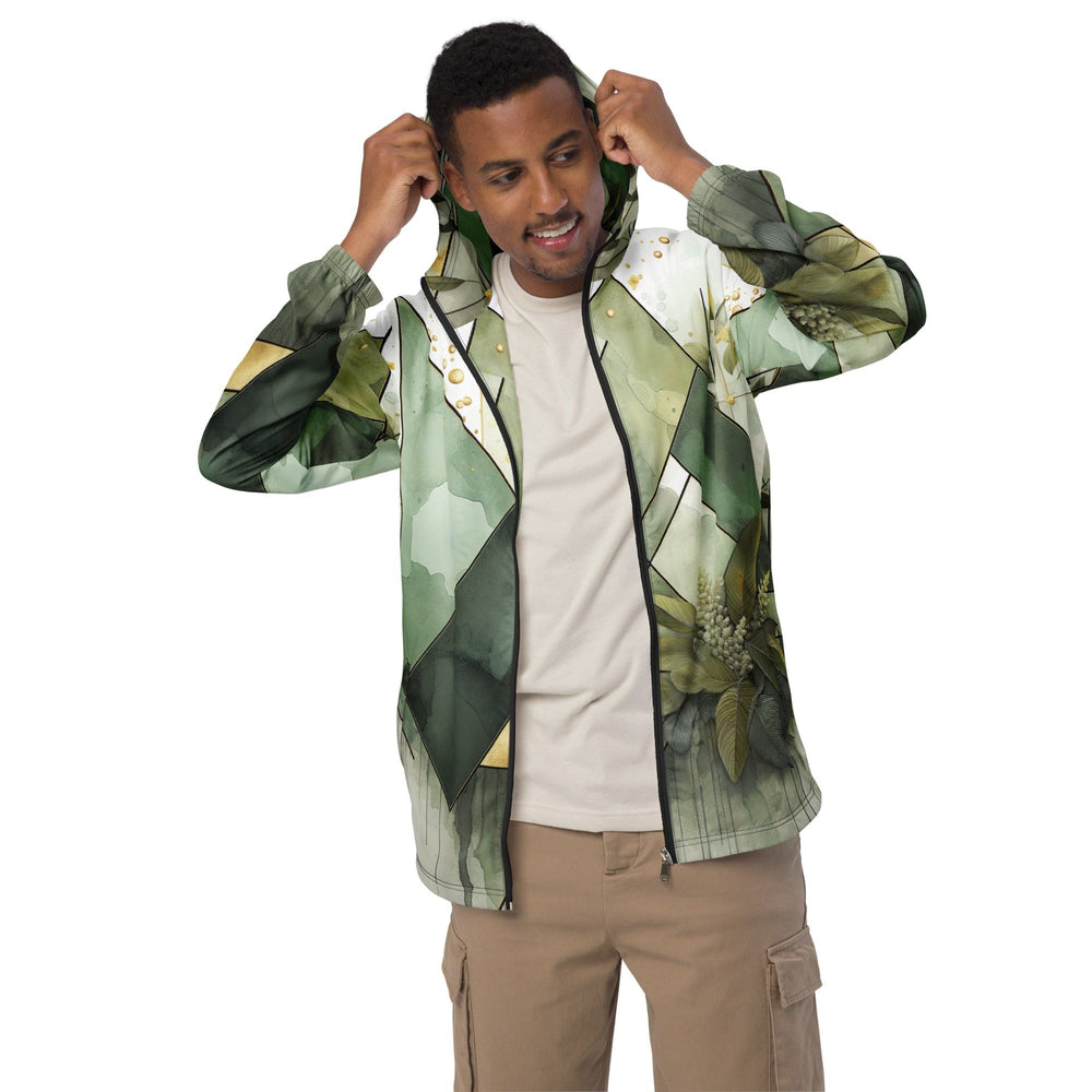 Mens Hooded Windbreaker Jacket Olive Green Mint Leaf Geometric Print