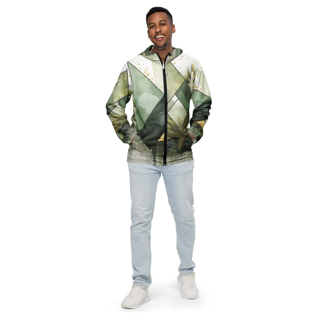 Mens Hooded Windbreaker Jacket Olive Green Mint Leaf Geometric Print