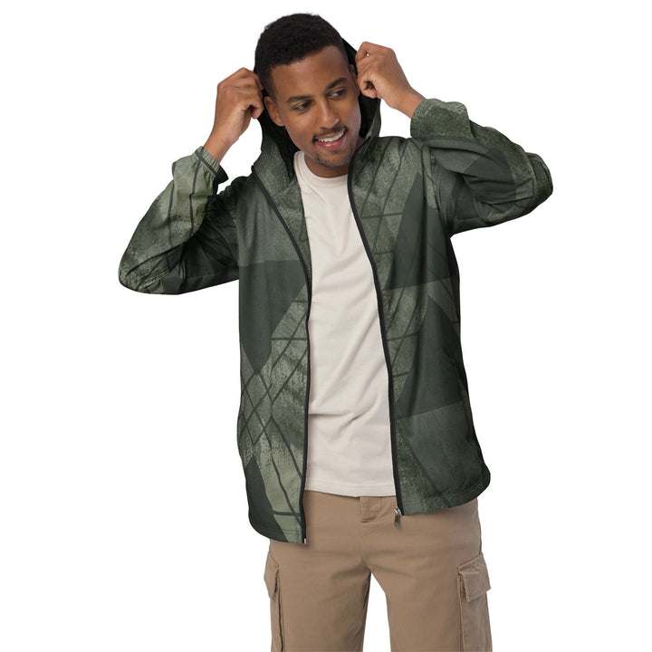 Mens Hooded Windbreaker Jacket Olive Green Triangular Colorblock