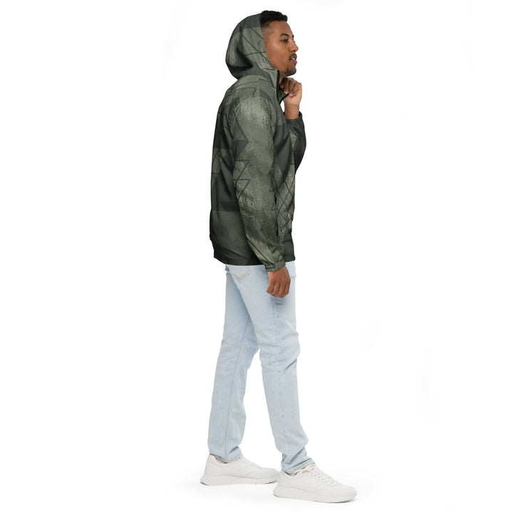 Mens Hooded Windbreaker Jacket Olive Green Triangular Colorblock