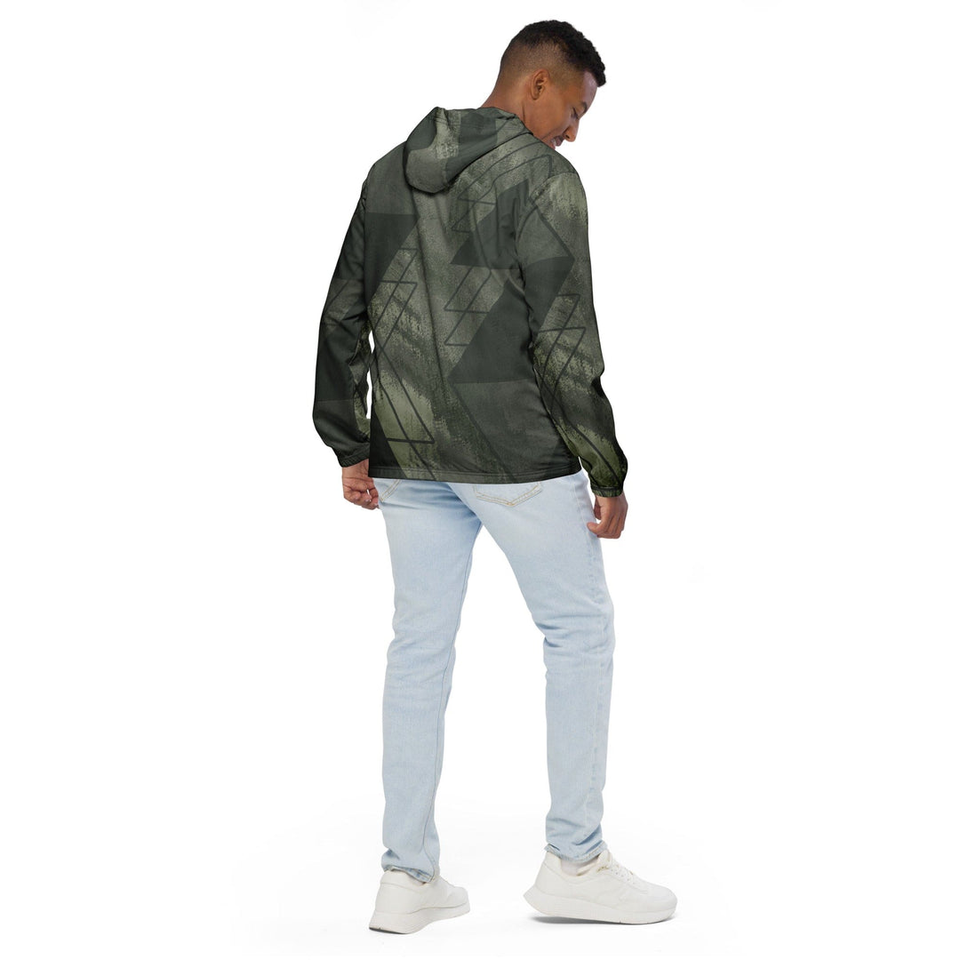 Mens Hooded Windbreaker Jacket Olive Green Triangular Colorblock