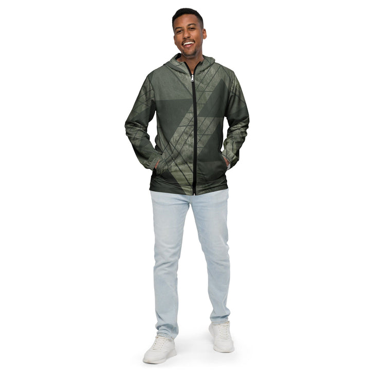 Mens Hooded Windbreaker Jacket Olive Green Triangular Colorblock