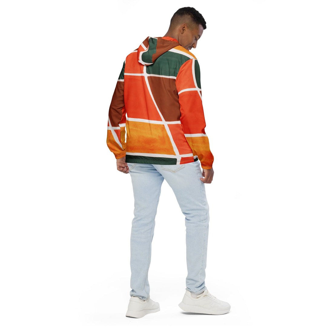 Mens Hooded Windbreaker Jacket Orange Green Boho Pattern