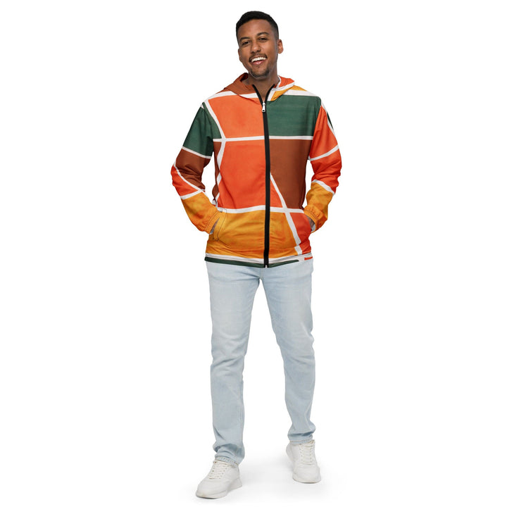Mens Hooded Windbreaker Jacket Orange Green Boho Pattern