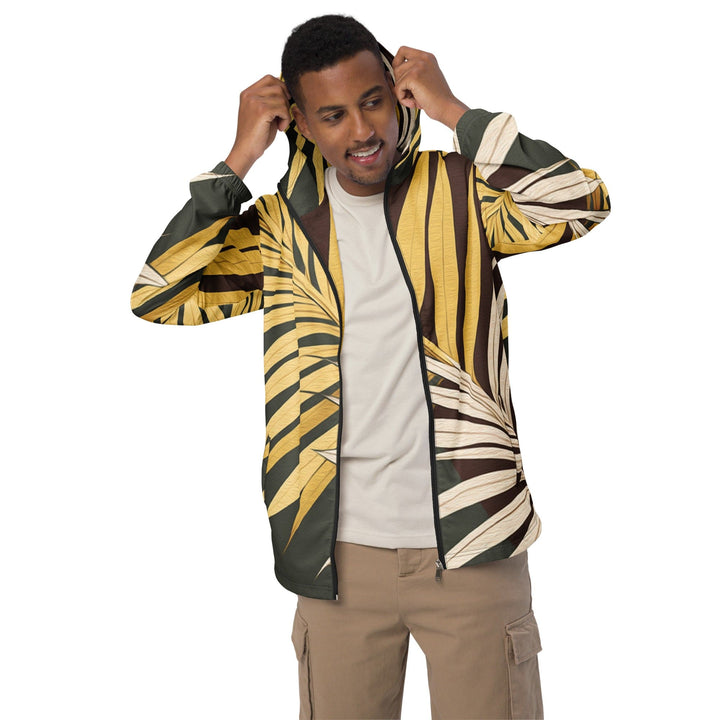 Mens Hooded Windbreaker Jacket - Palm Tree Leaves Pattern