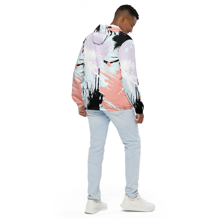 Mens Hooded Windbreaker Jacket Pink Black Abstract Print