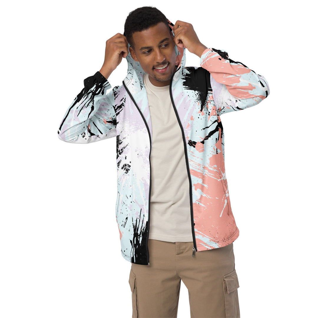 Mens Hooded Windbreaker Jacket Pink Black Abstract Print