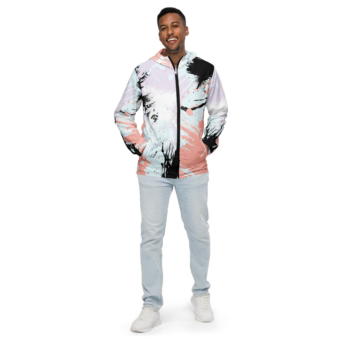 Mens Hooded Windbreaker Jacket Pink Black Abstract Print