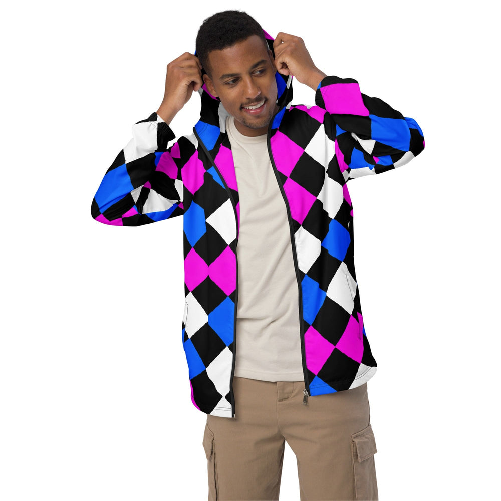Mens Hooded Windbreaker Jacket Pink Blue Checkered Pattern