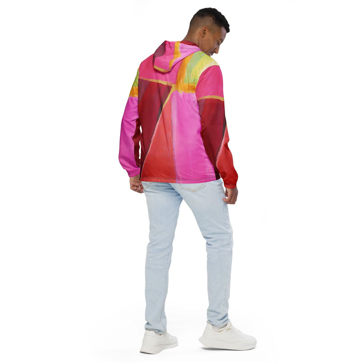 Mens Hooded Windbreaker Jacket Pink Mauve Red Geometric Pattern