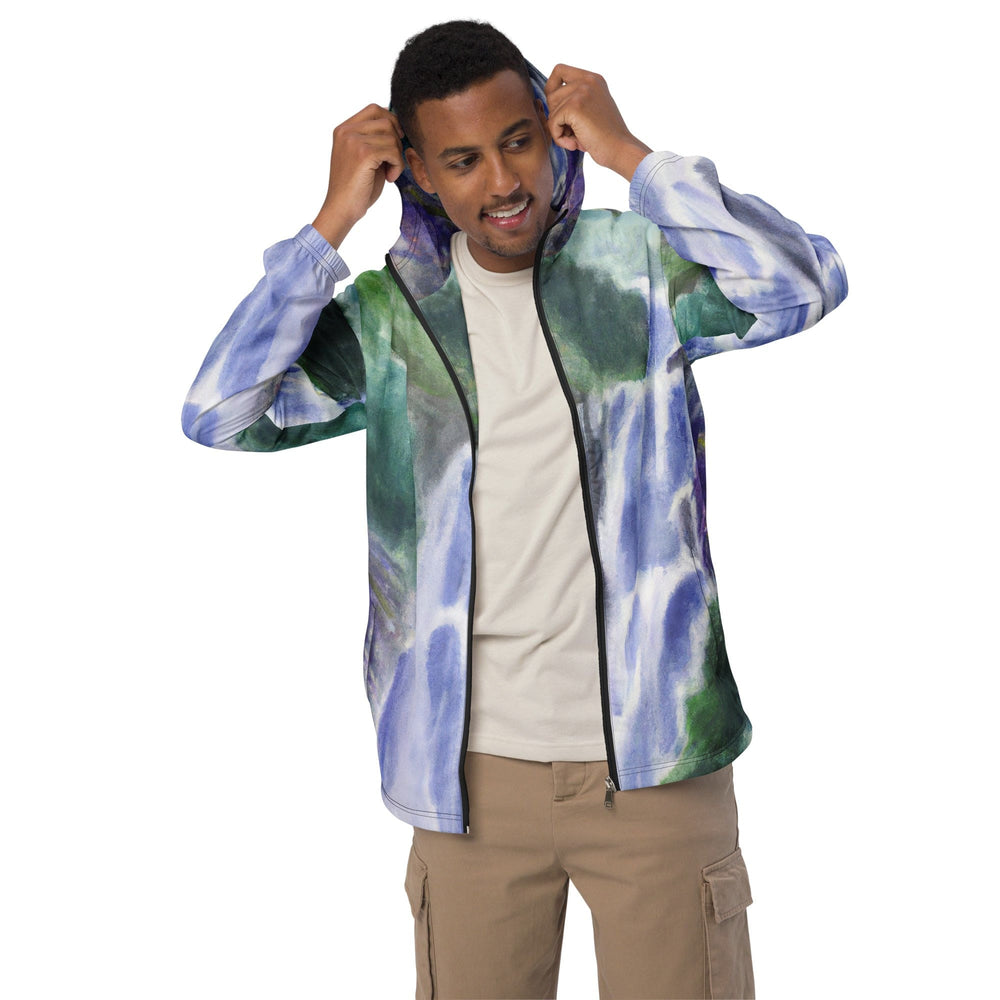 Mens Hooded Windbreaker Jacket - Purple Watercolor Waterfall Green