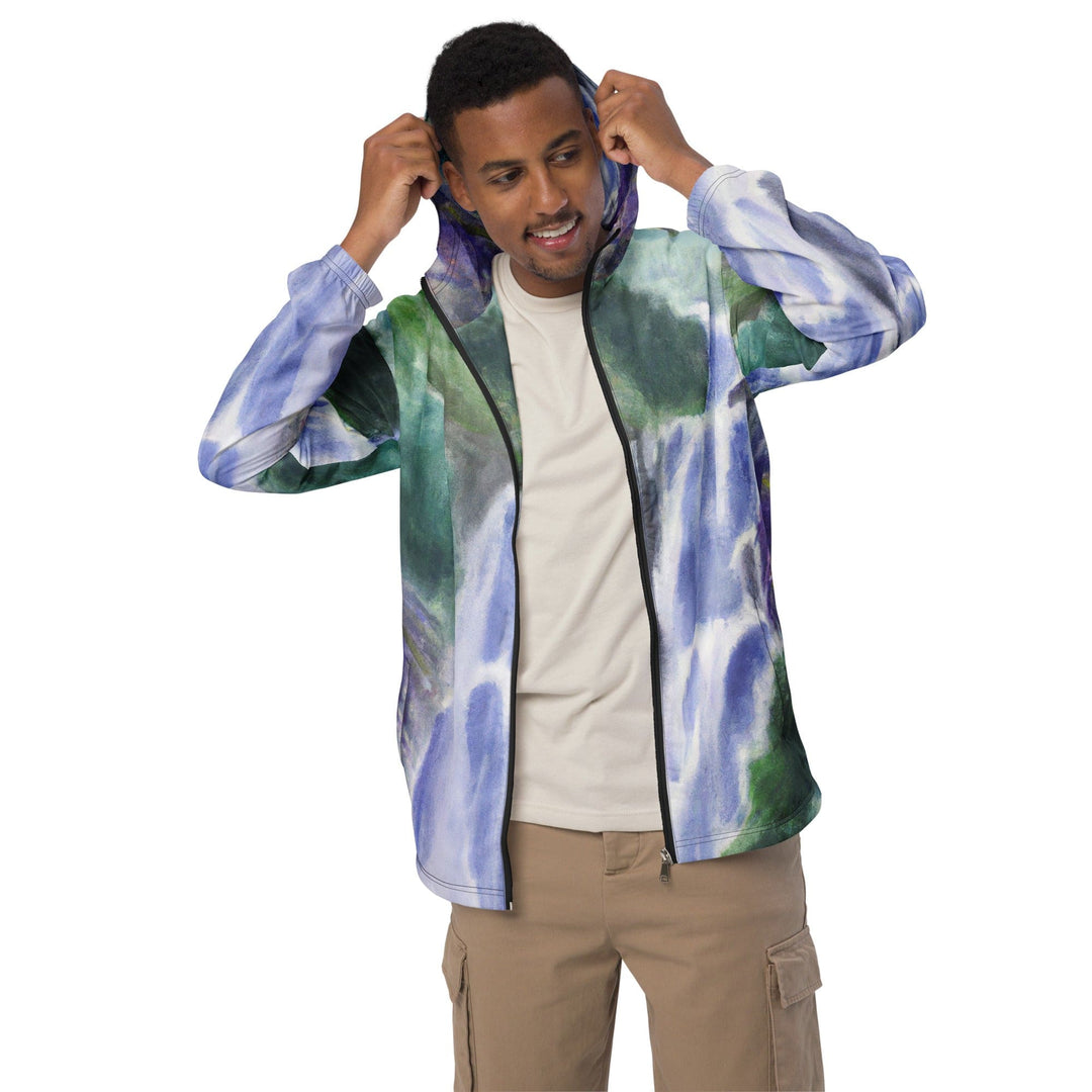 Mens Hooded Windbreaker Jacket - Purple Watercolor Waterfall Green