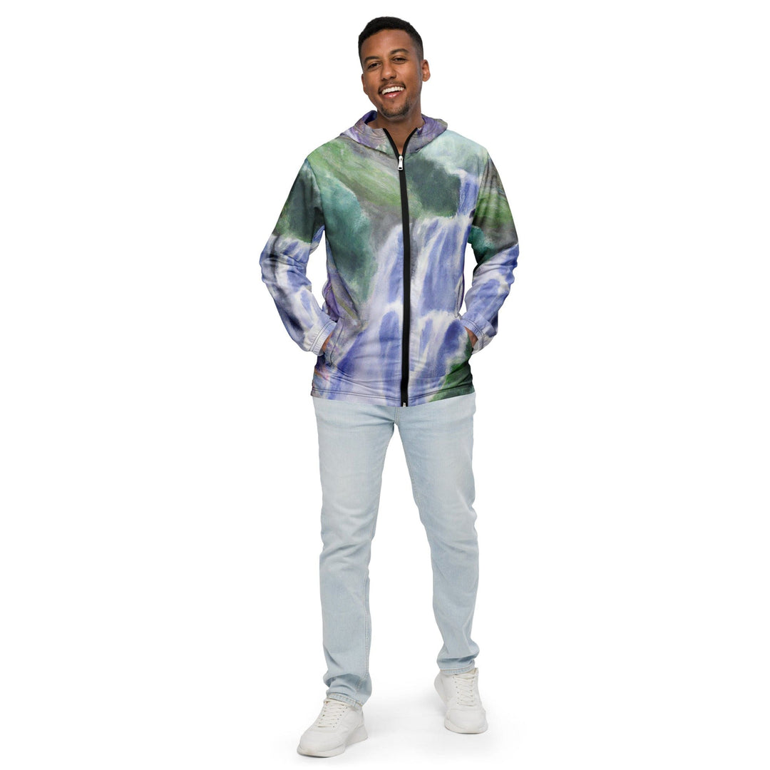 Mens Hooded Windbreaker Jacket - Purple Watercolor Waterfall Green