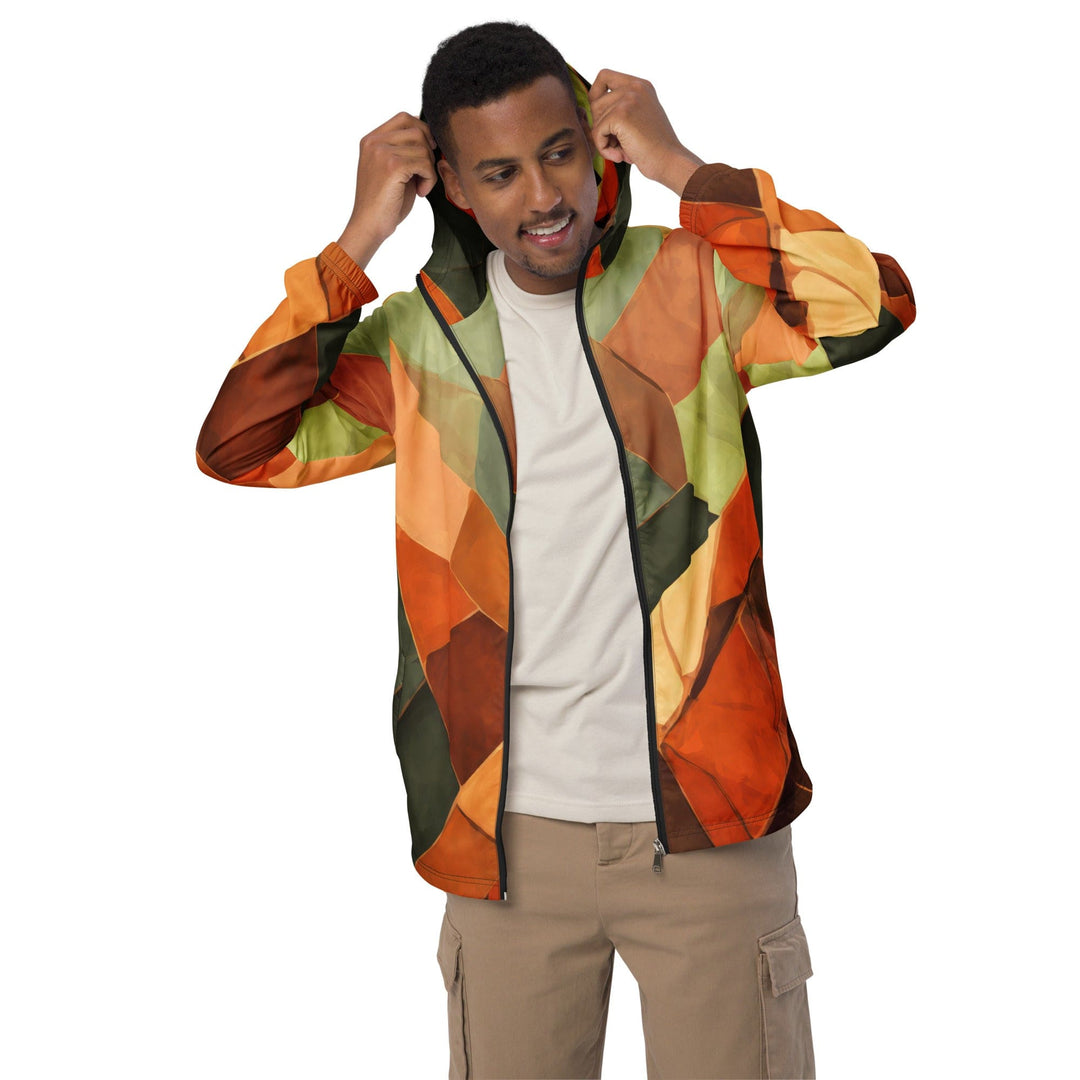 Mens Hooded Windbreaker Jacket - Rustic Red Abstract Pattern