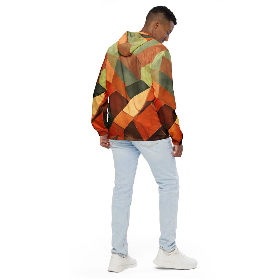 Mens Hooded Windbreaker Jacket - Rustic Red Abstract Pattern
