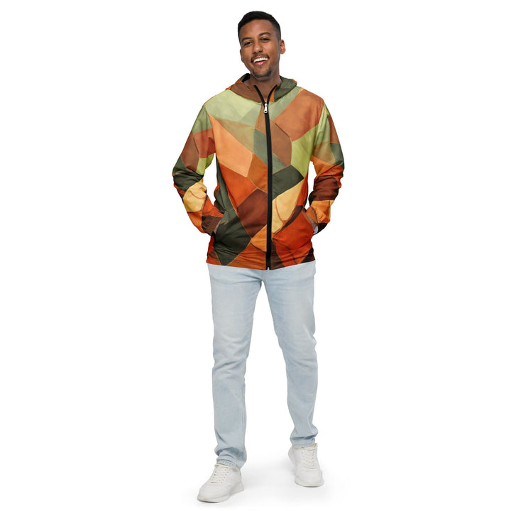 Mens Hooded Windbreaker Jacket - Rustic Red Abstract Pattern