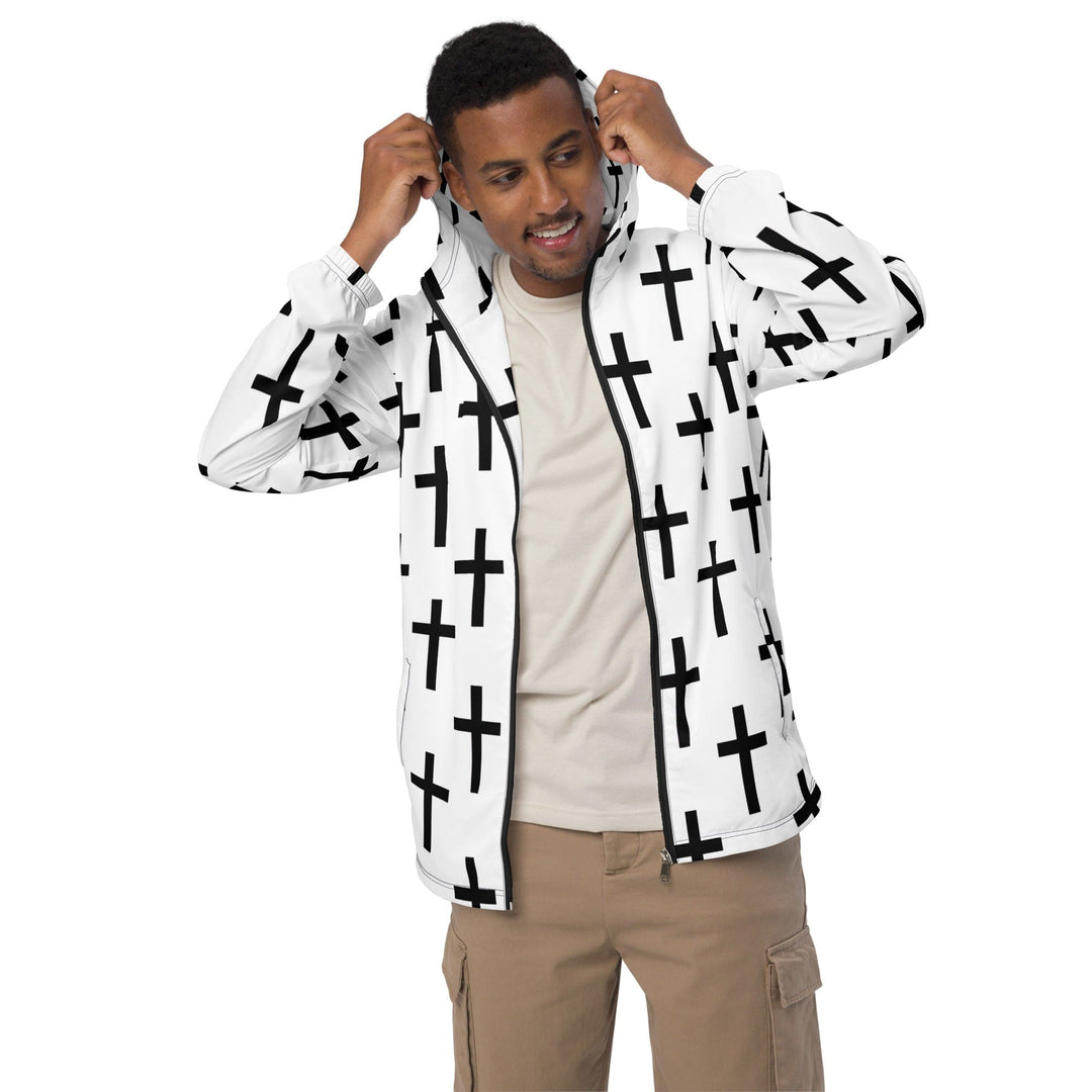 Mens Hooded Windbreaker Jacket - White Black Cross Print