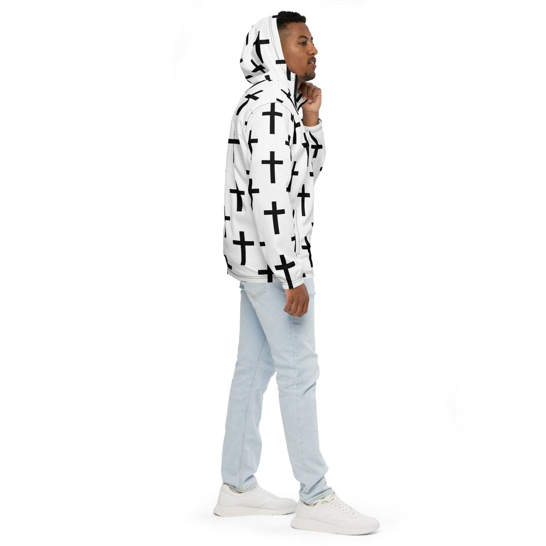 Mens Hooded Windbreaker Jacket - White Black Cross Print