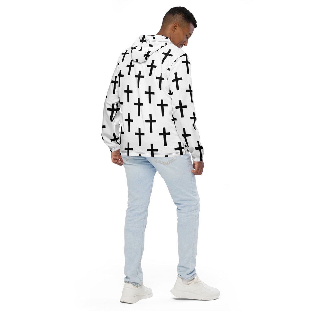 Mens Hooded Windbreaker Jacket - White Black Cross Print