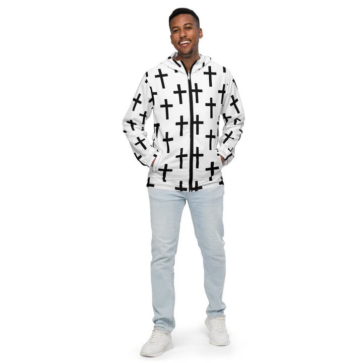 Mens Hooded Windbreaker Jacket - White Black Cross Print