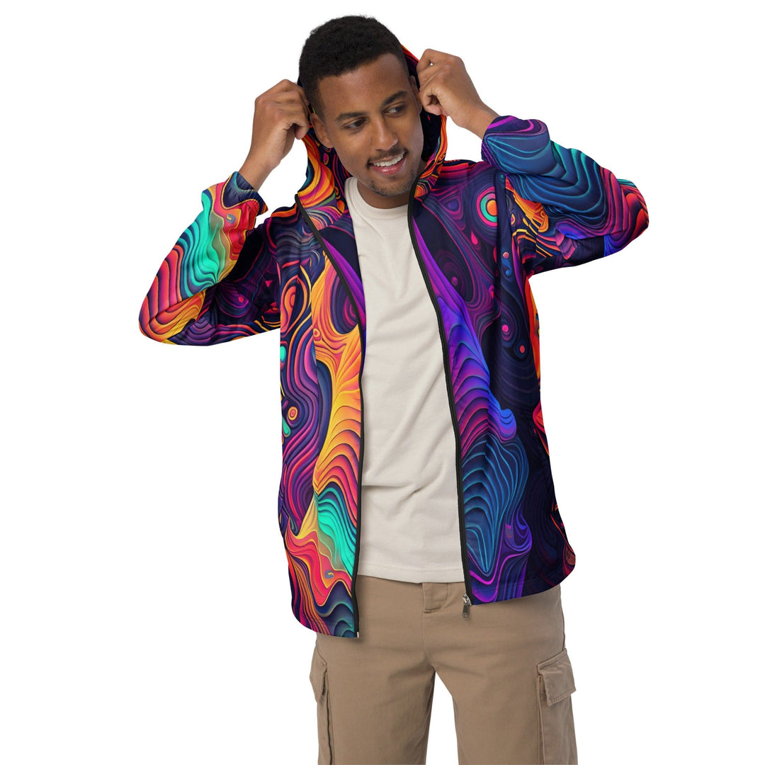 Mens Hooded Windbreaker Jacket Vibrant Psychedelic Kaleidoscope Boho