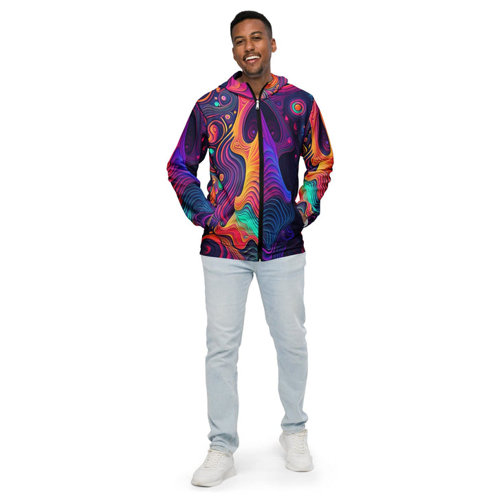 Mens Hooded Windbreaker Jacket Vibrant Psychedelic Kaleidoscope Boho