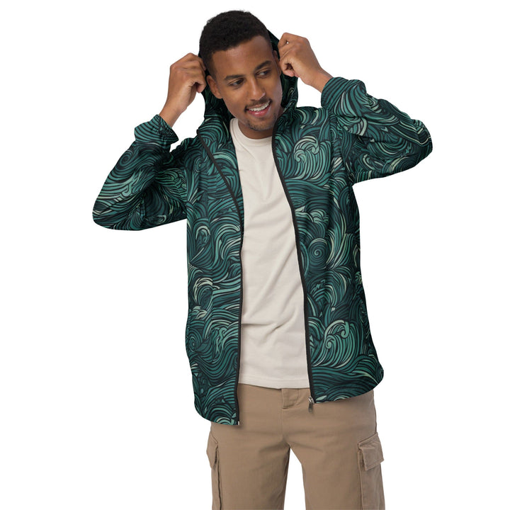 Mens Hooded Windbreaker Jacket Mint Green Water Wave Print