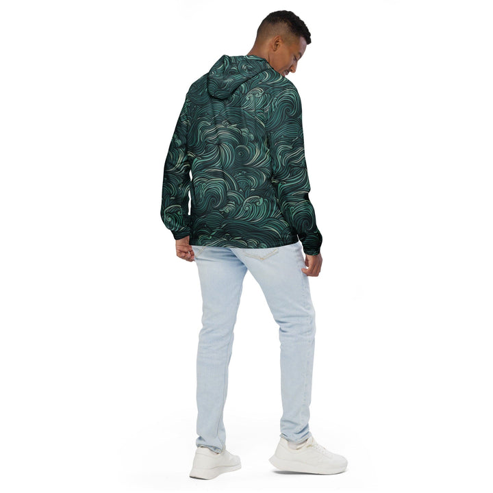 Mens Hooded Windbreaker Jacket Mint Green Water Wave Print