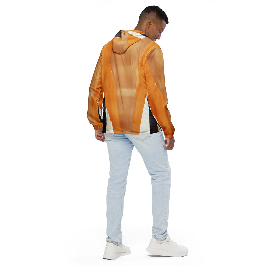 Mens Hooded Windbreaker Jacket Yellow Brown Abstract Pattern