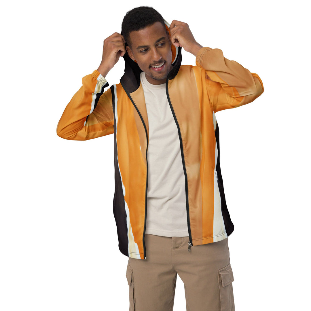 Mens Hooded Windbreaker Jacket Yellow Brown Abstract Pattern