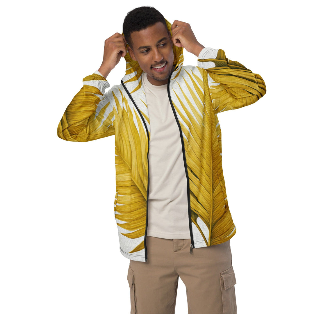 Mens Hooded Windbreaker Jacket Yellow Palm Leaves