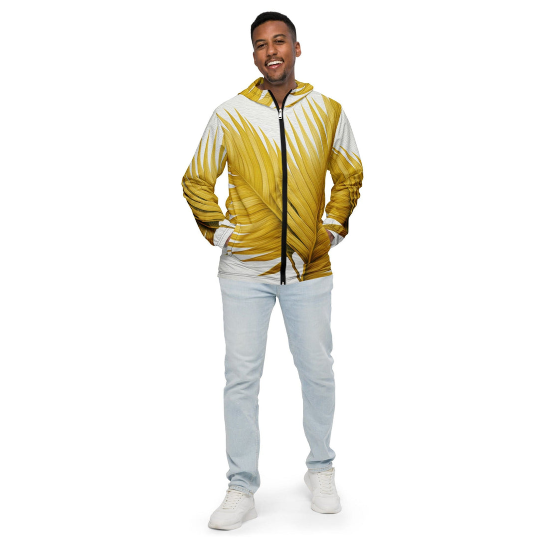 Mens Hooded Windbreaker Jacket Yellow Palm Leaves