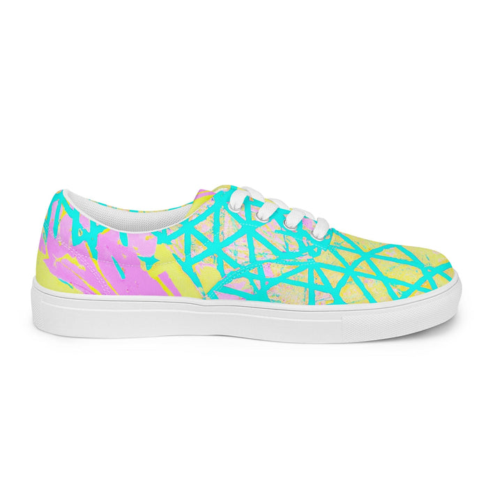 Mens Lace-up Canvas Shoes Cyan Blue Lime Green and Pink Pattern