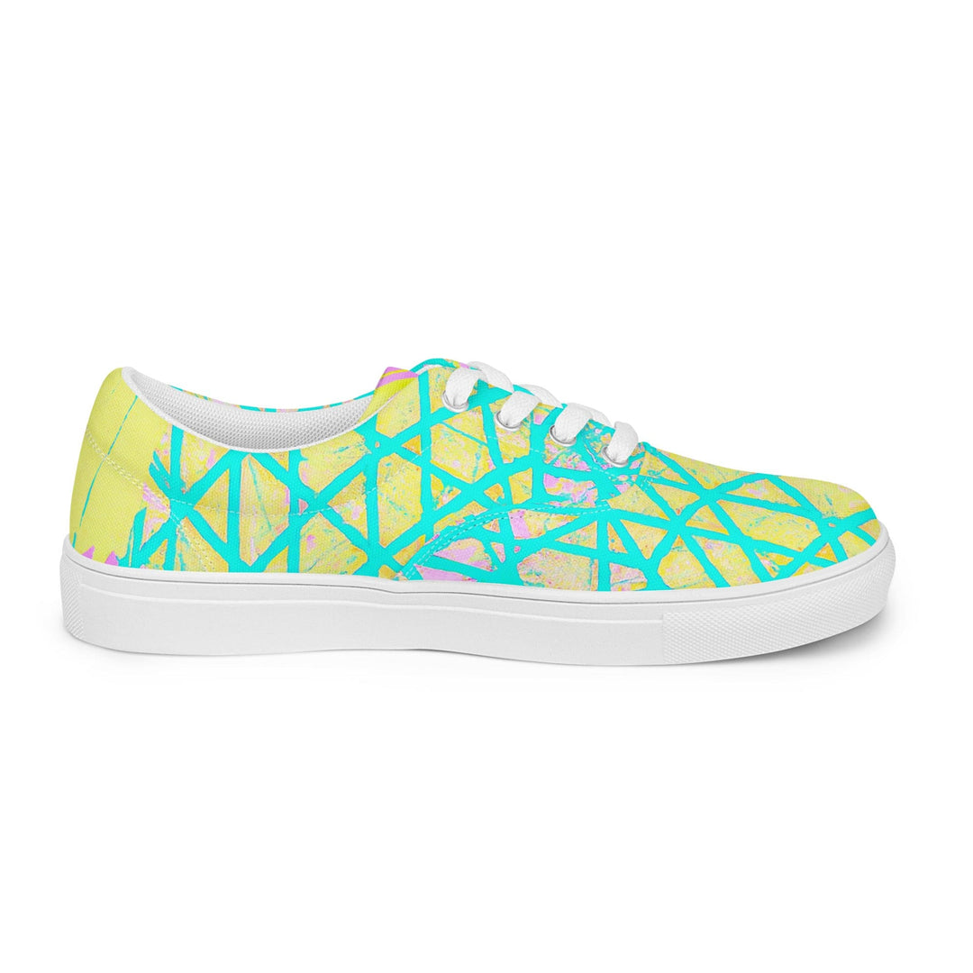 Mens Lace-up Canvas Shoes Cyan Blue Lime Green and Pink Pattern