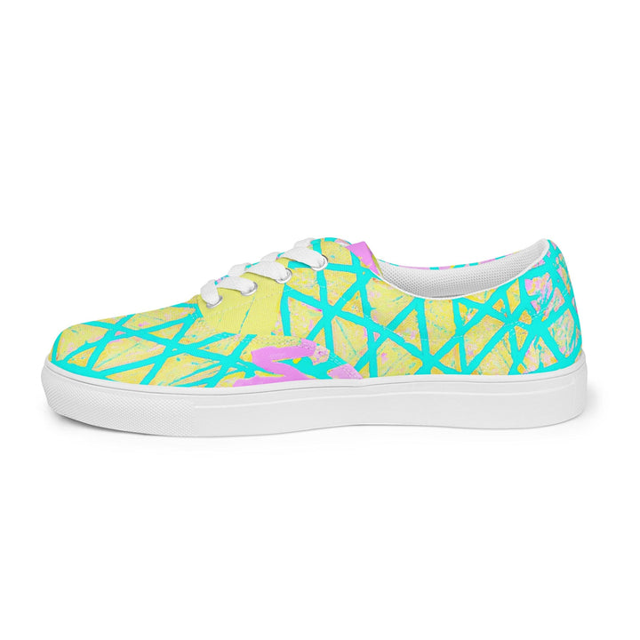 Mens Lace-up Canvas Shoes Cyan Blue Lime Green and Pink Pattern