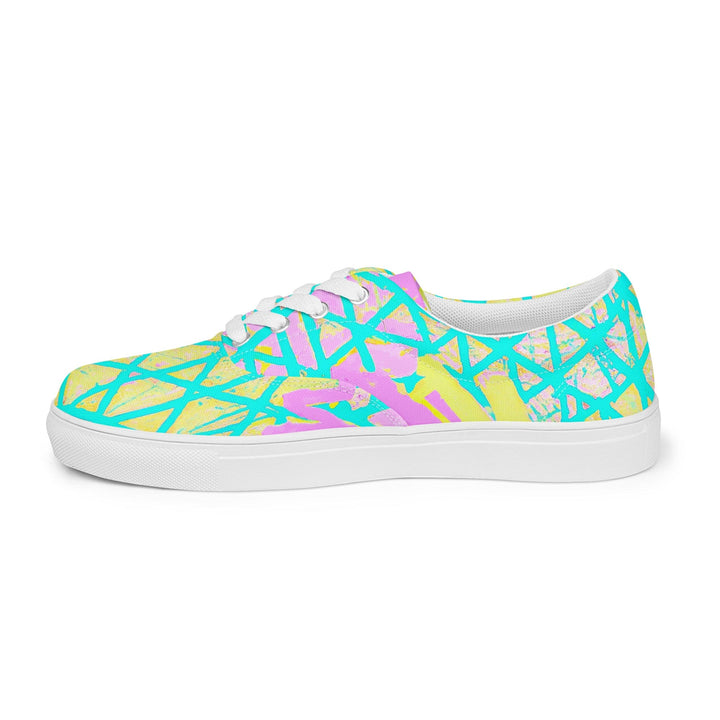 Mens Lace-up Canvas Shoes Cyan Blue Lime Green and Pink Pattern