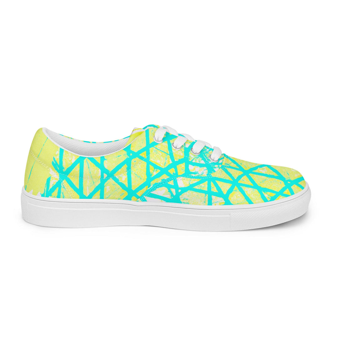 Mens Lace-up Canvas Shoes Cyan Blue Lime Green and White Pattern