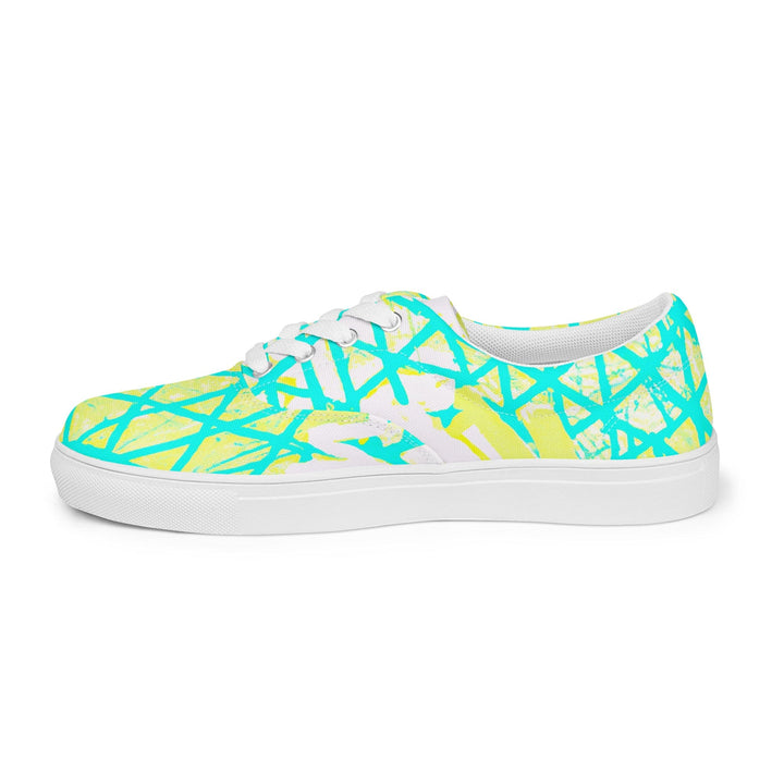 Mens Lace-up Canvas Shoes Cyan Blue Lime Green and White Pattern