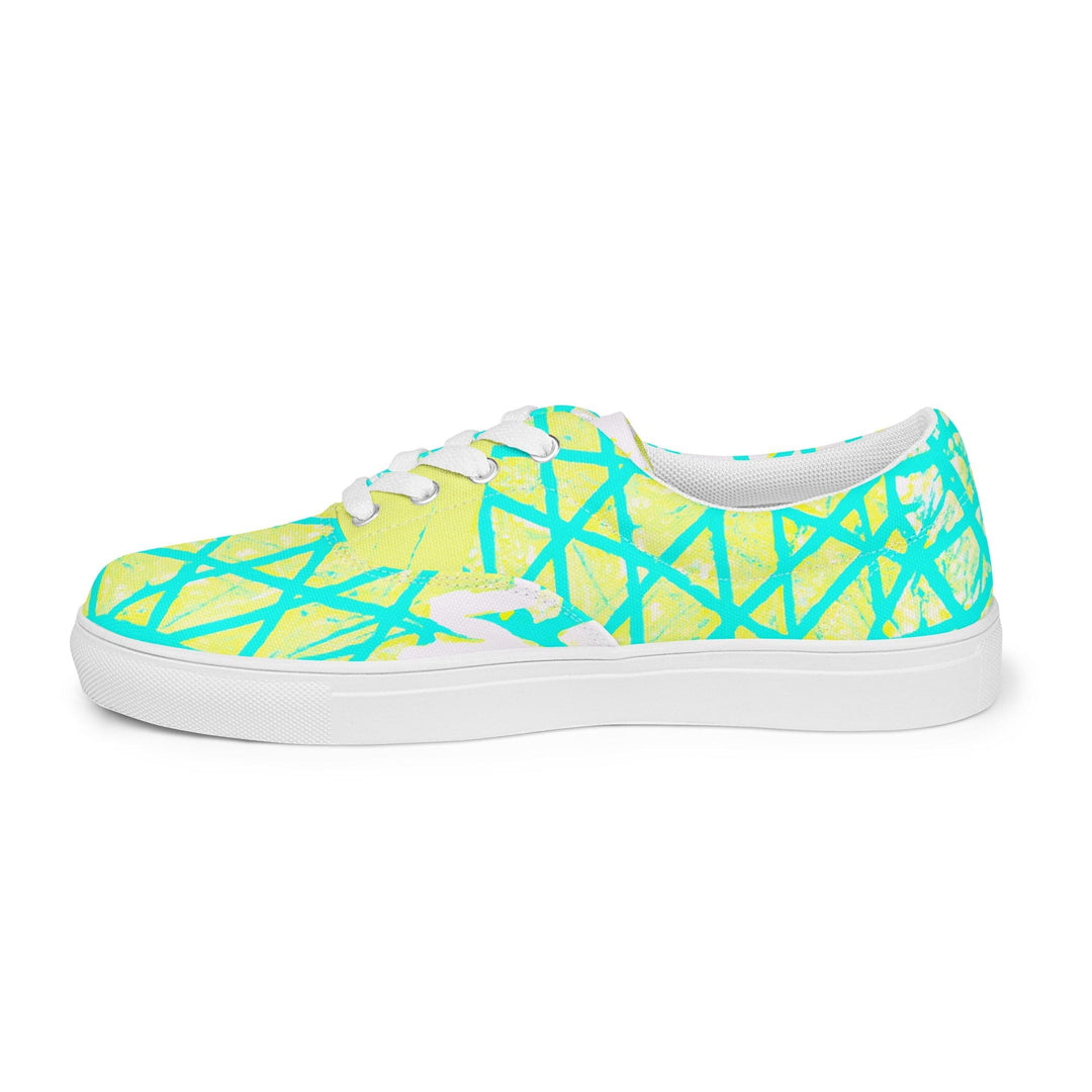 Mens Lace-up Canvas Shoes Cyan Blue Lime Green and White Pattern