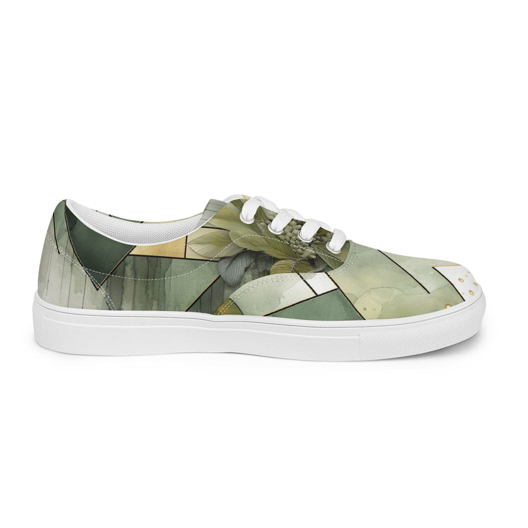 Mens Lace-up Canvas Shoes Olive Green Mint Leaf Geometric Print