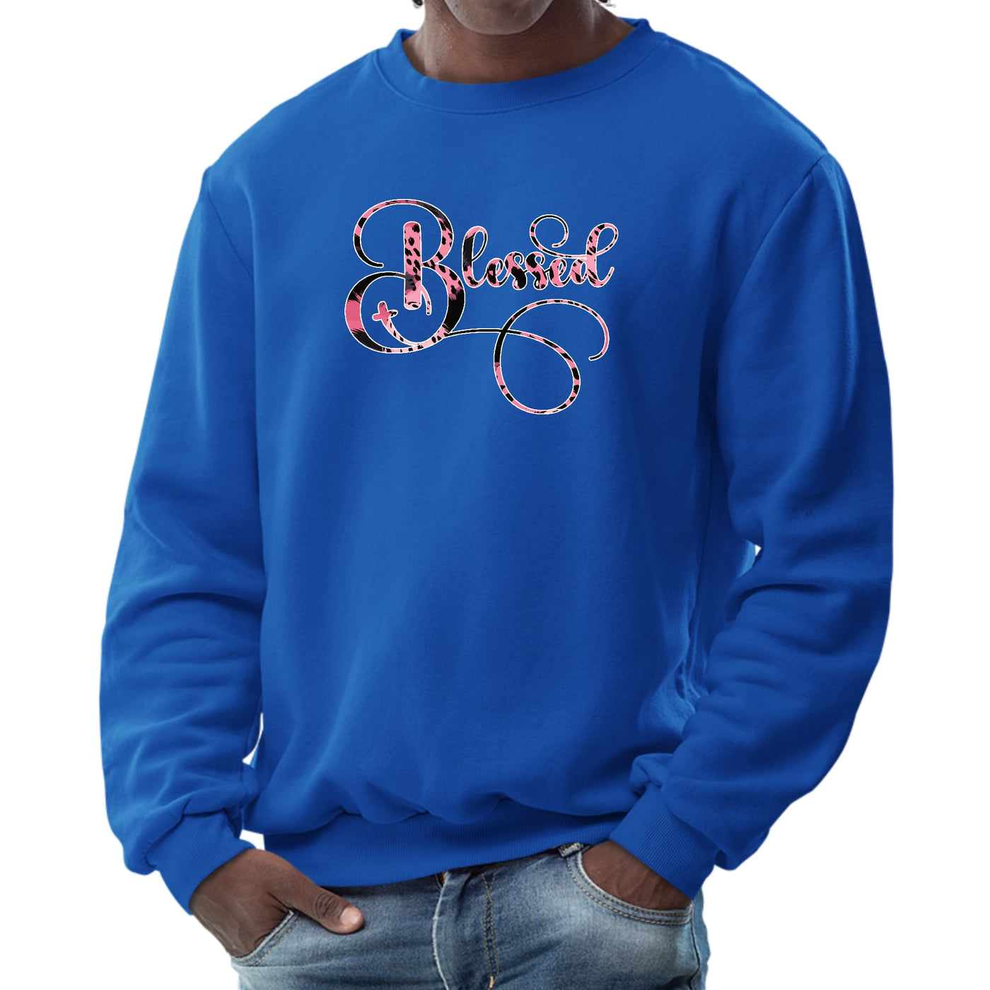 Mens Long Sleeve Graphic Sweatshirt Blessed Pink And Black Patterned - Mens