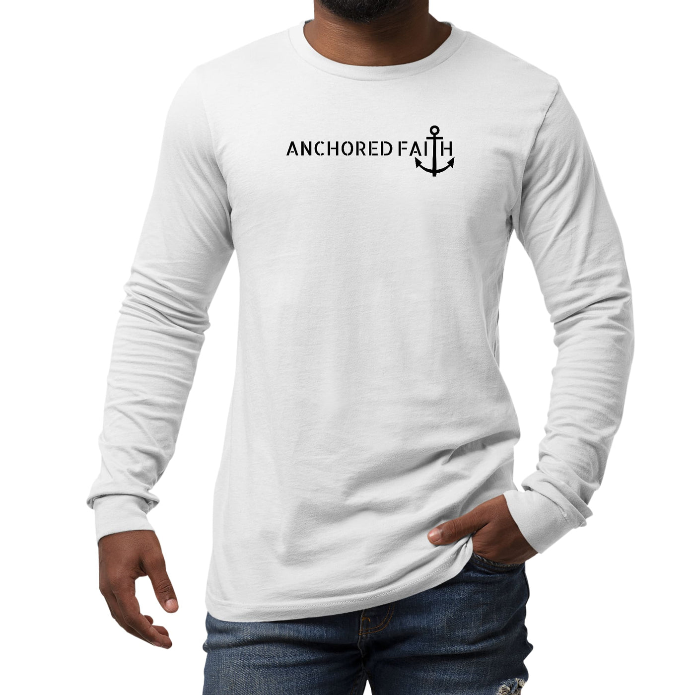 Mens Long Sleeve Graphic T-shirt Anchored Faith Black Print - Unisex | T-Shirts
