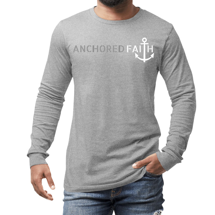 Mens Long Sleeve Graphic T-shirt Anchored Faith Grey and White Print - Unisex