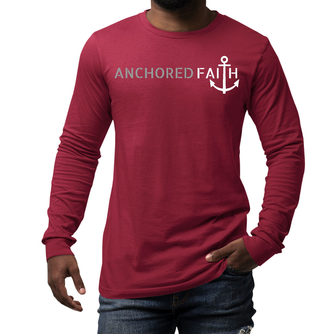 Mens Long Sleeve Graphic T-shirt Anchored Faith Grey and White Print - Unisex